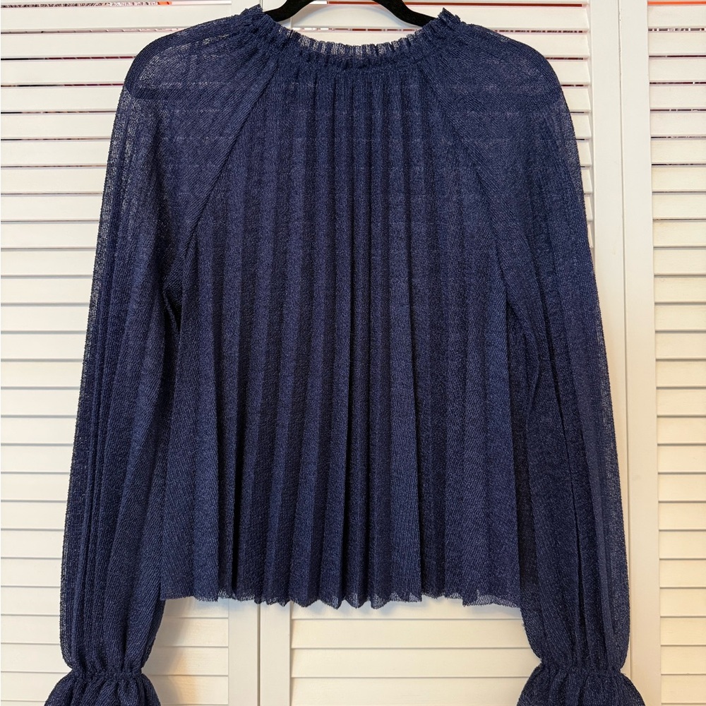 Zara Navy Pleated Long-Sleeve Blouse